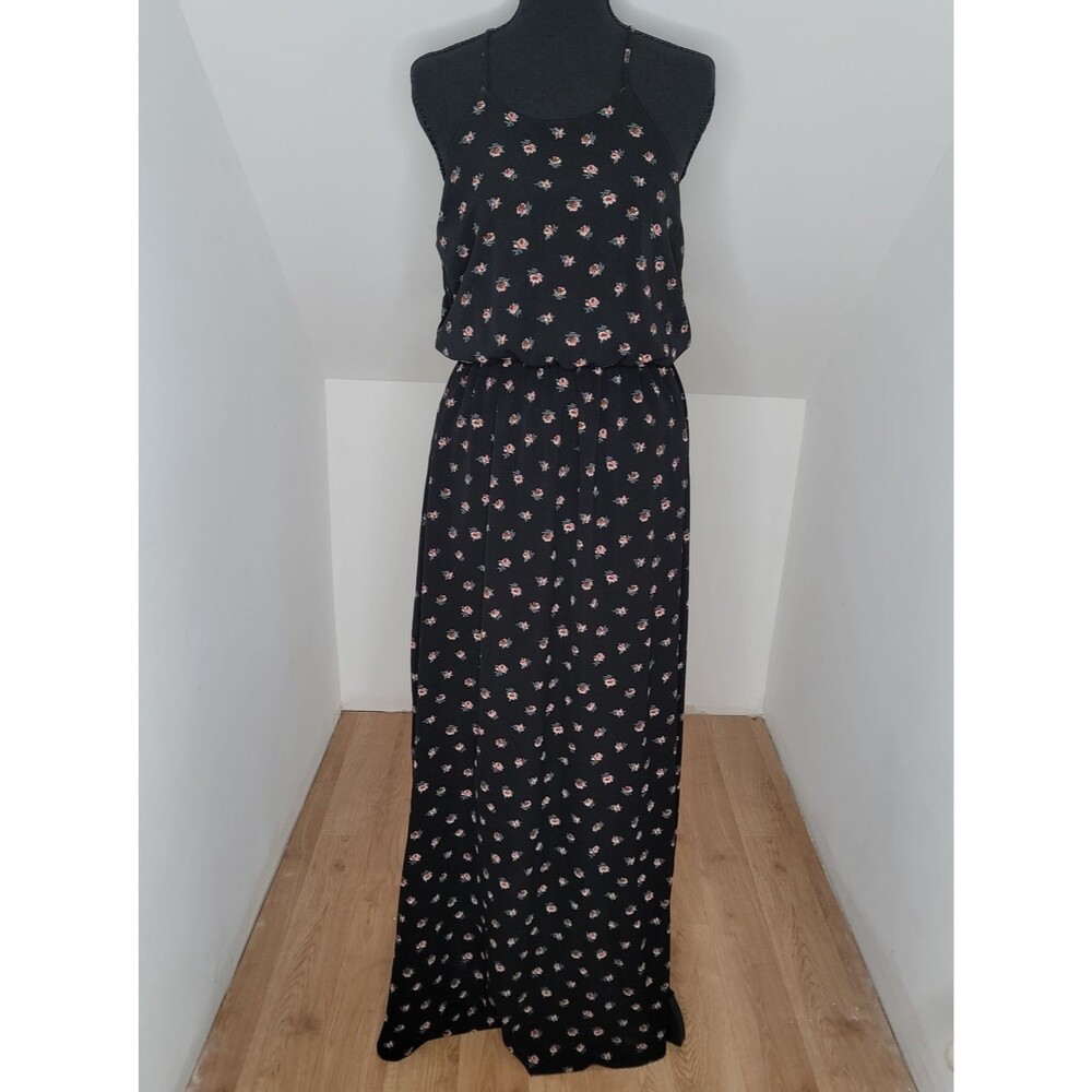 Everly Pleated Maxi Dress Womens M Medium Black Floral Whimsygoth Halter USA
